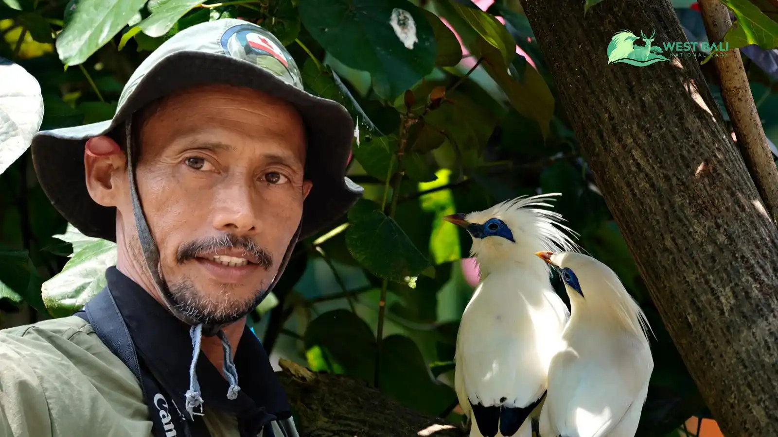 Anak Agung Kartika, guide at West Bali National Park, with two Bali starlings
